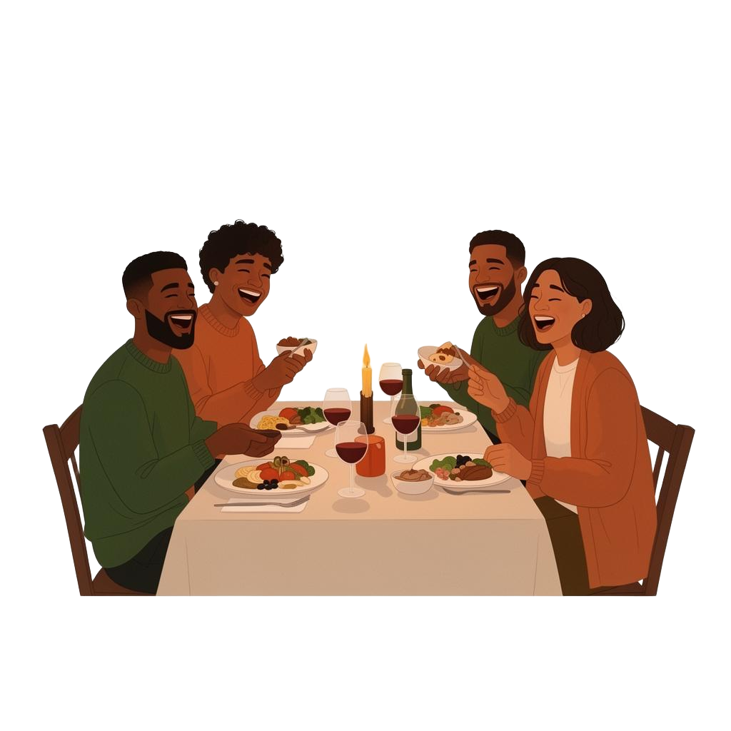 Friends laughing together around a dinner table