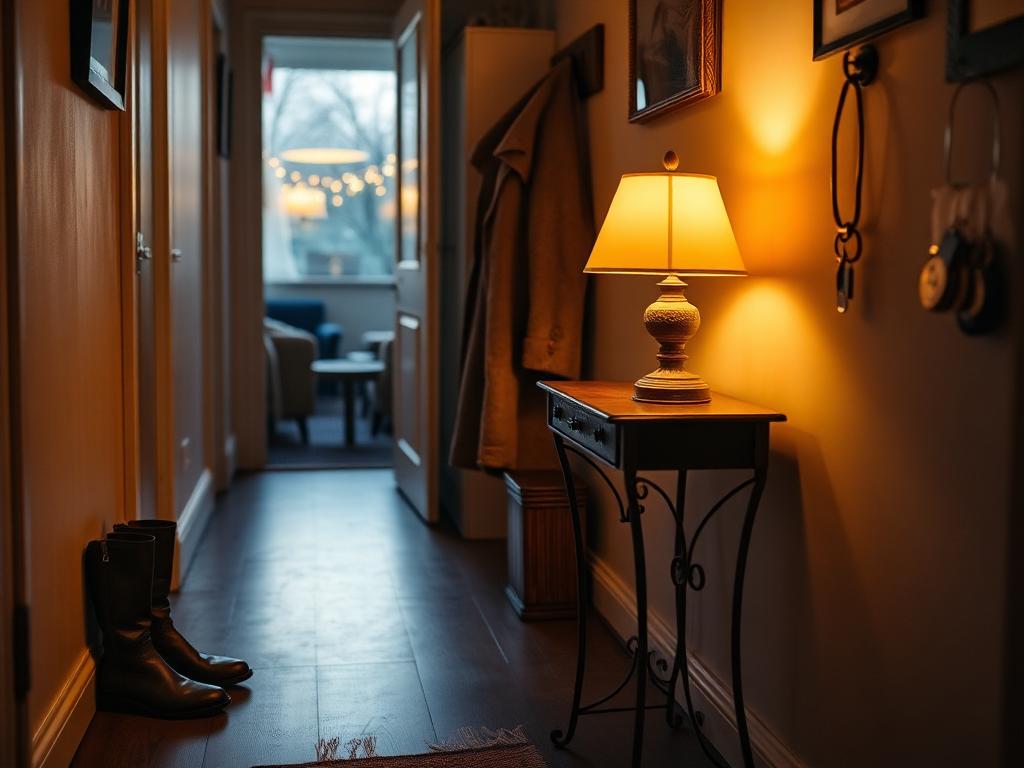 Boots by a London flat hallway door lit by a warm lamp at dusk