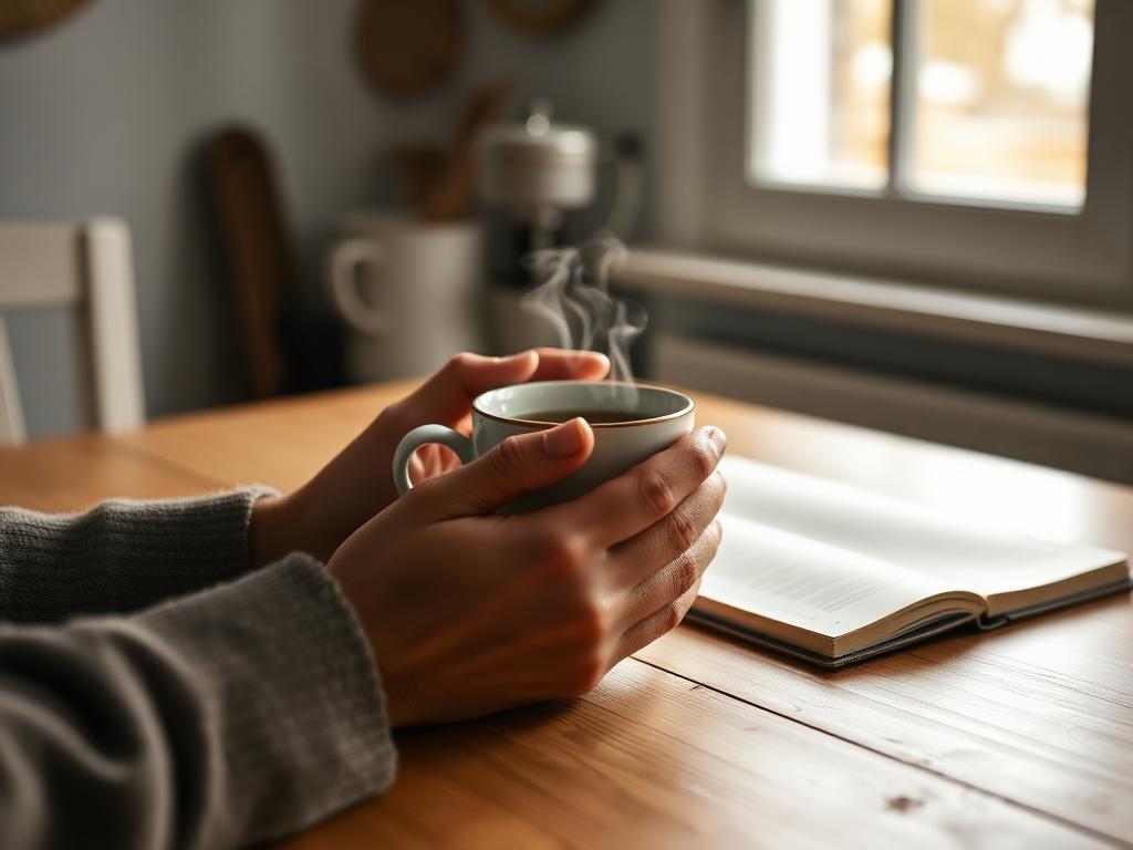 Hands holding a warm mug beside an open notebook in soft morning light