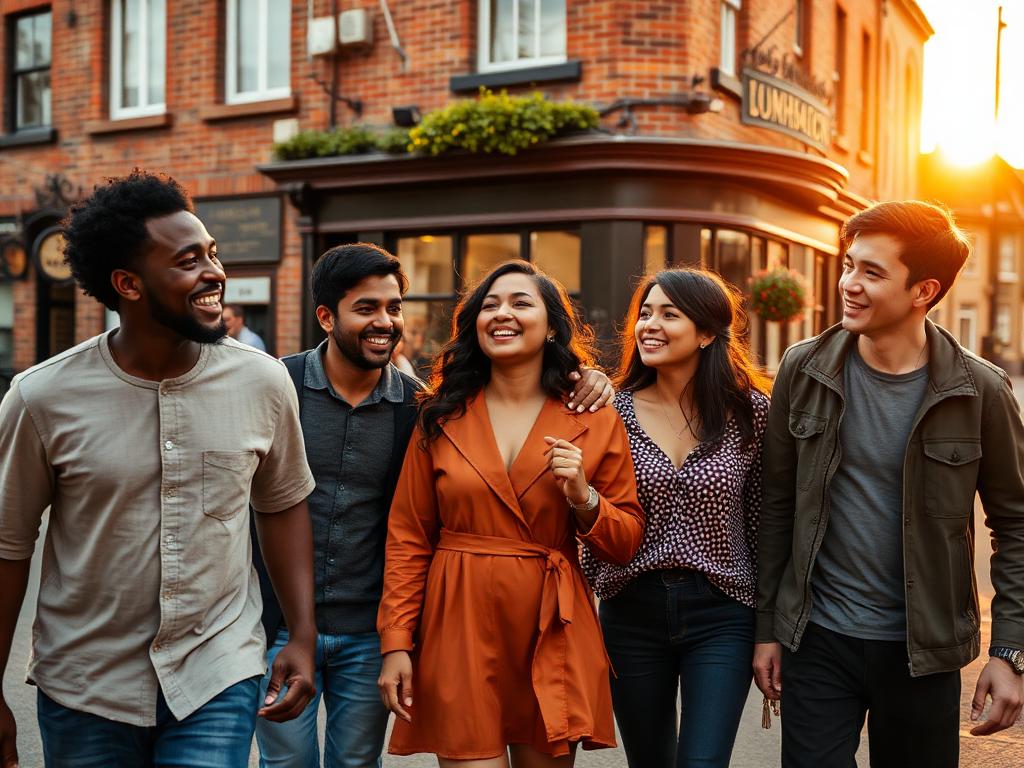 Diverse group of friends walking together on a London street at golden hour