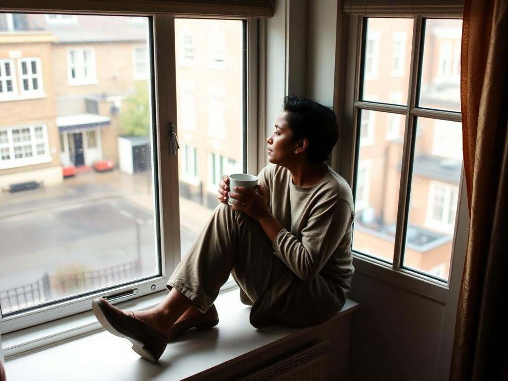 Person sitting on a London windowsill with a mug, looking out at a rainy street