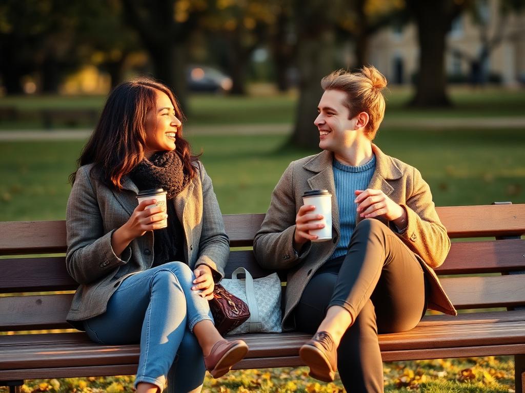 Two friends talking on a London park bench with takeaway coffees at golden hour