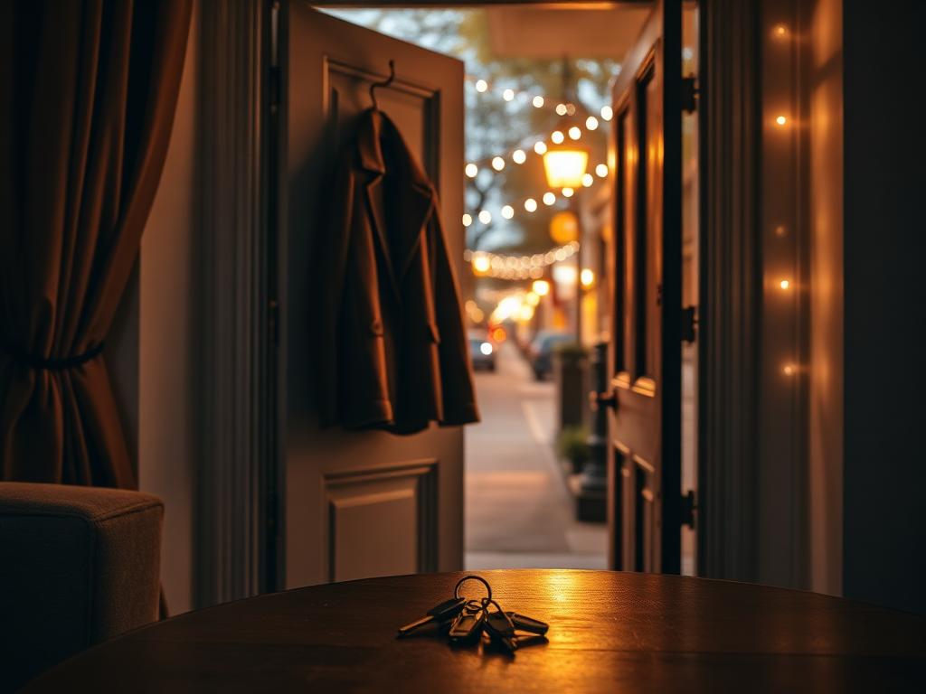 Open front door of a London flat with keys on a table and warm street lights outside