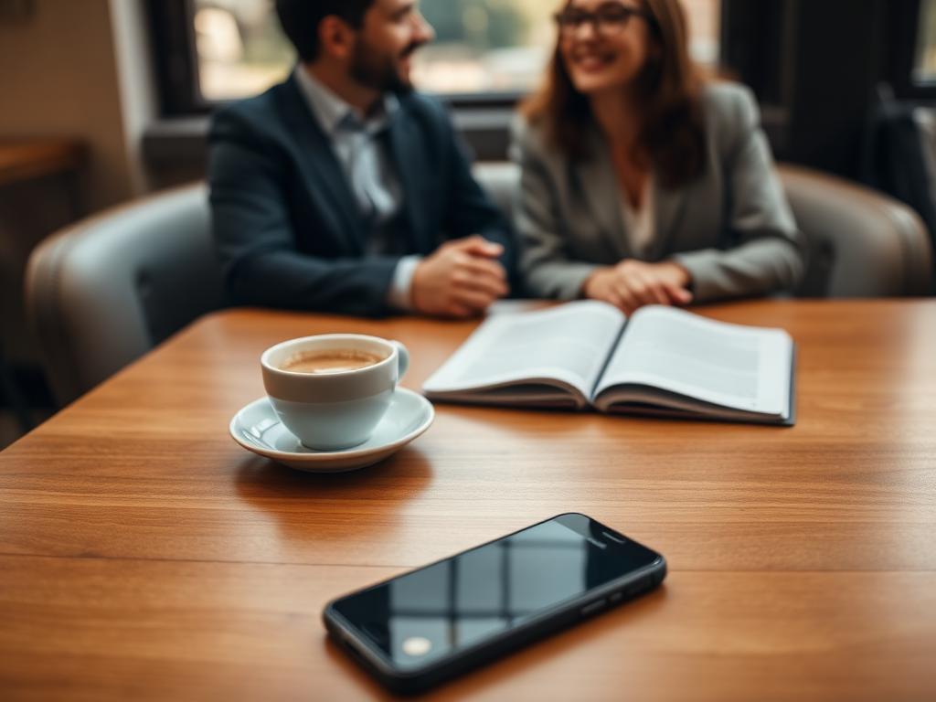 Phone and coffee on a cafe table with friends laughing softly in the background