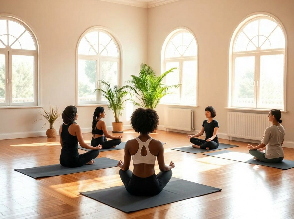 Small group in a sunlit yoga studio settling into seated meditation